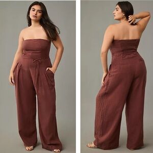 Nwt Anthropologie Linen strapless Trouser jumpsuit nwt cocoa‎ plum